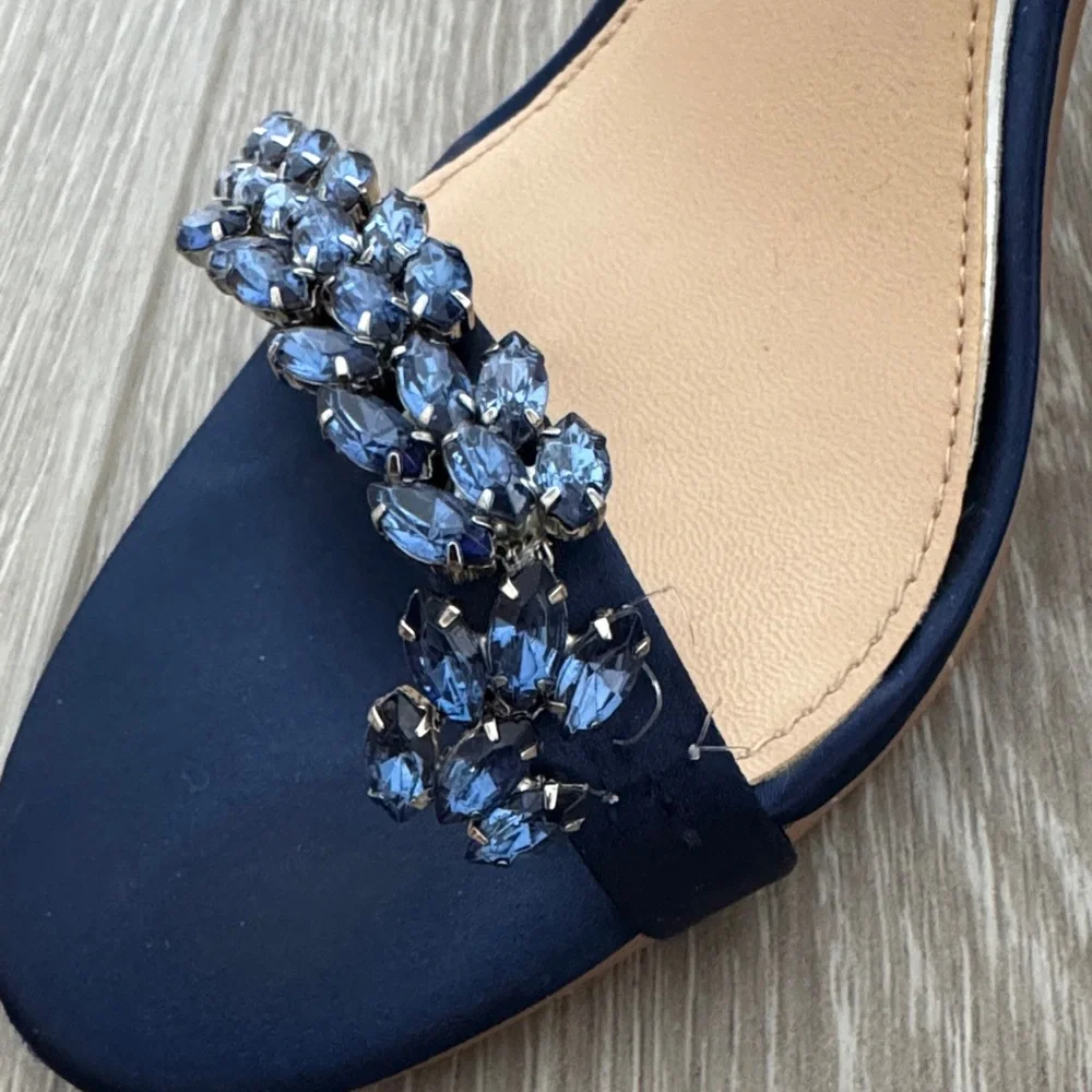 Badgley Mischka Embellished Navy Satin Ankle-Strap Heels - Picture 4 of 5